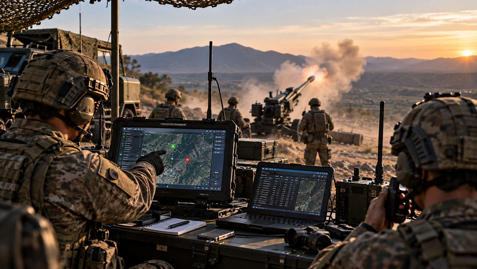 Gun crew using a rugged tablet fire control system in the field