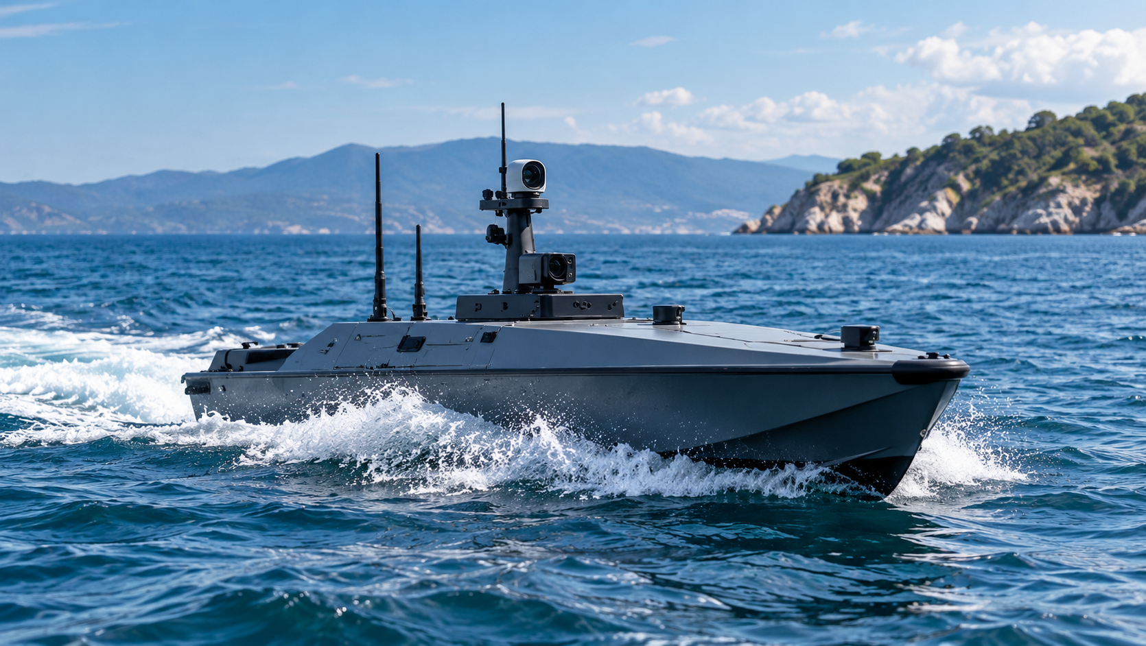 Unmanned surface vehicle underway on open water